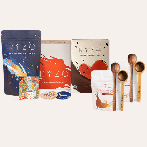 RYZE Chocolate Indulgence Bundle - Easy Bundle: Mushroom Hot Cocoa bag, RYZE recipe box, Mushroom Chocolates box, coaster, acacia scoop...
