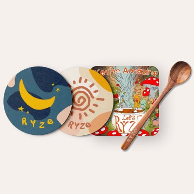 RYZE Coasters + Mushroom Magnet + Acacia Spoon - Table Ready