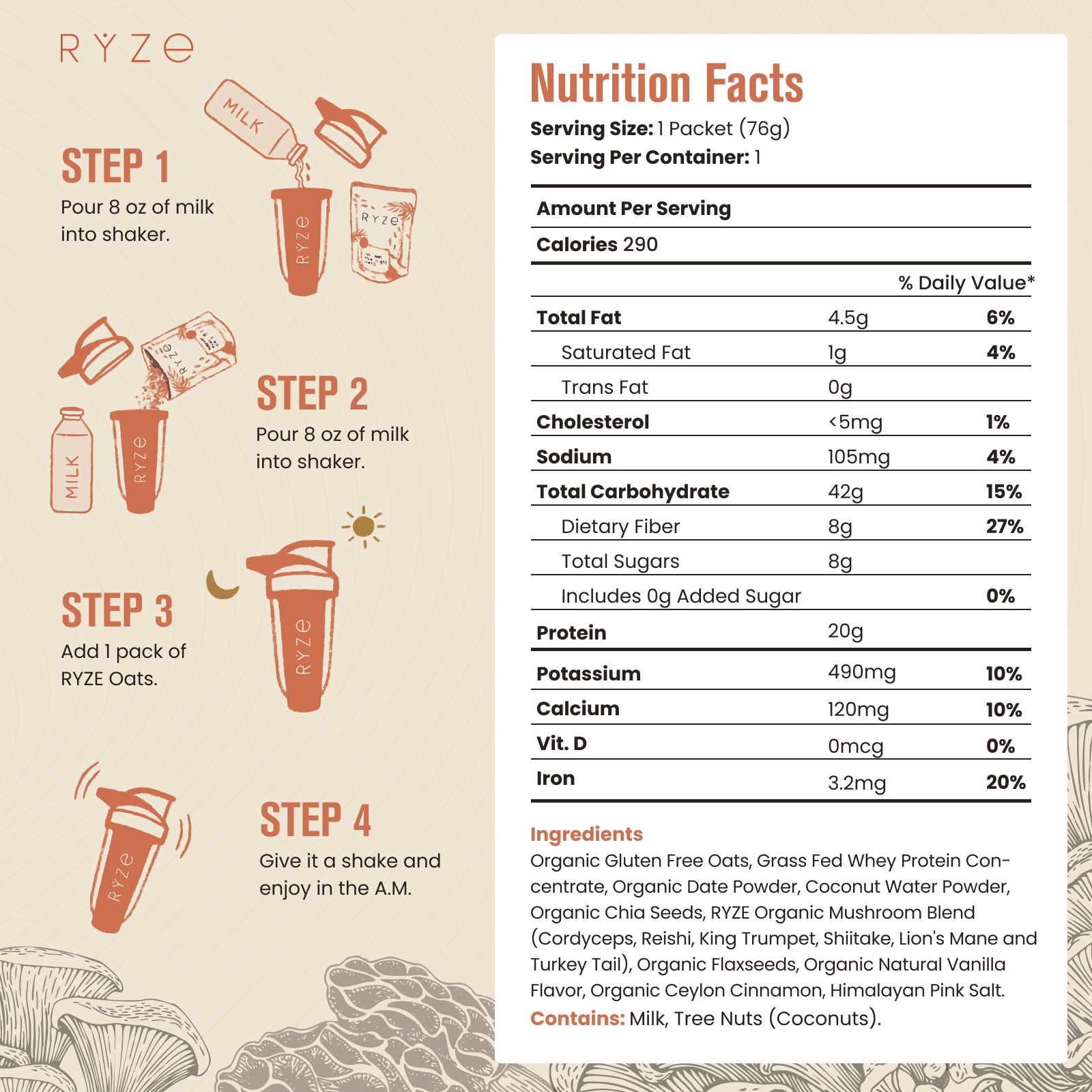 RYZE Mushroom Overnight Oats Pack (28 Servings) - Soft Start