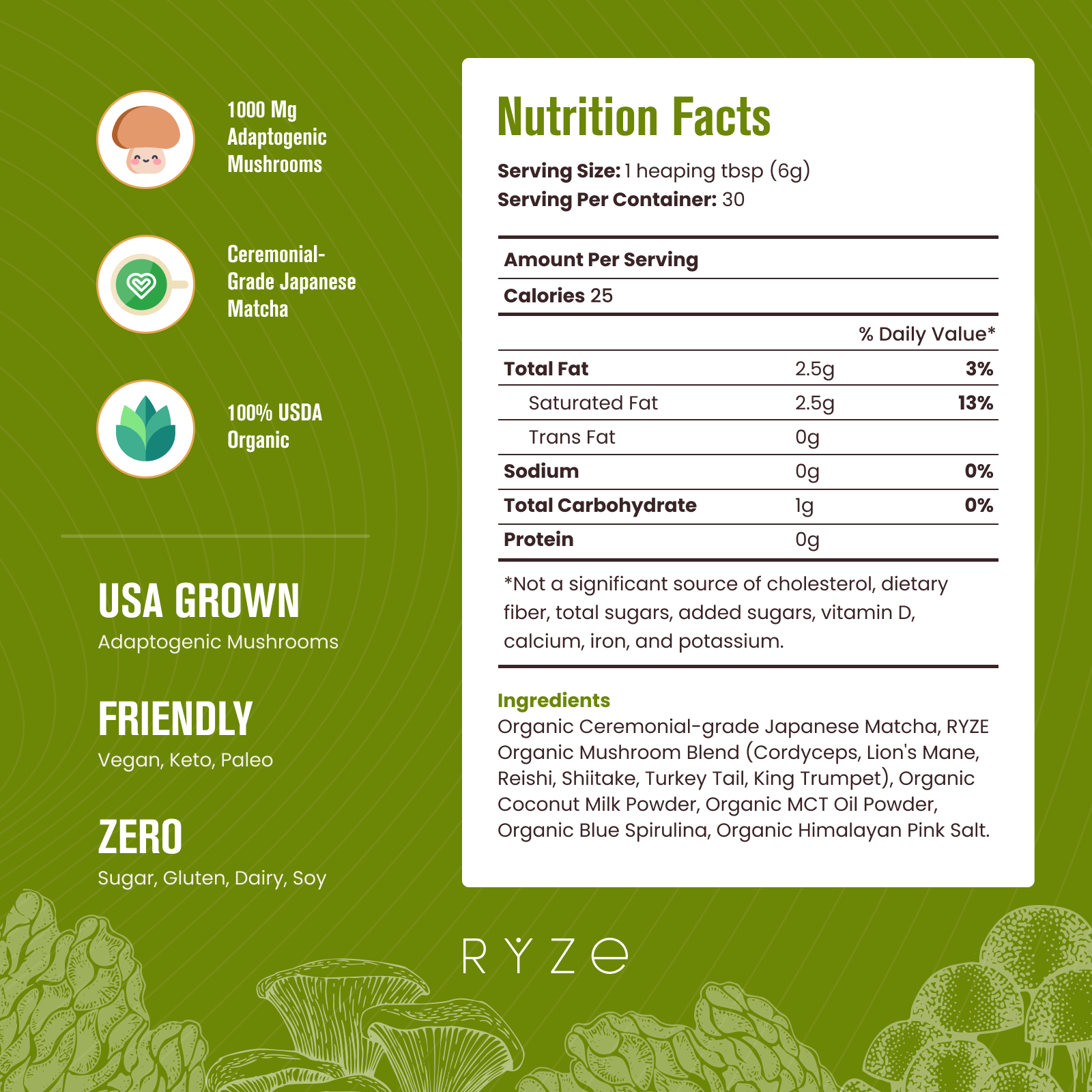 RYZE Organic Mushroom Matcha Starter Kit (60 servings) - Clean Routine